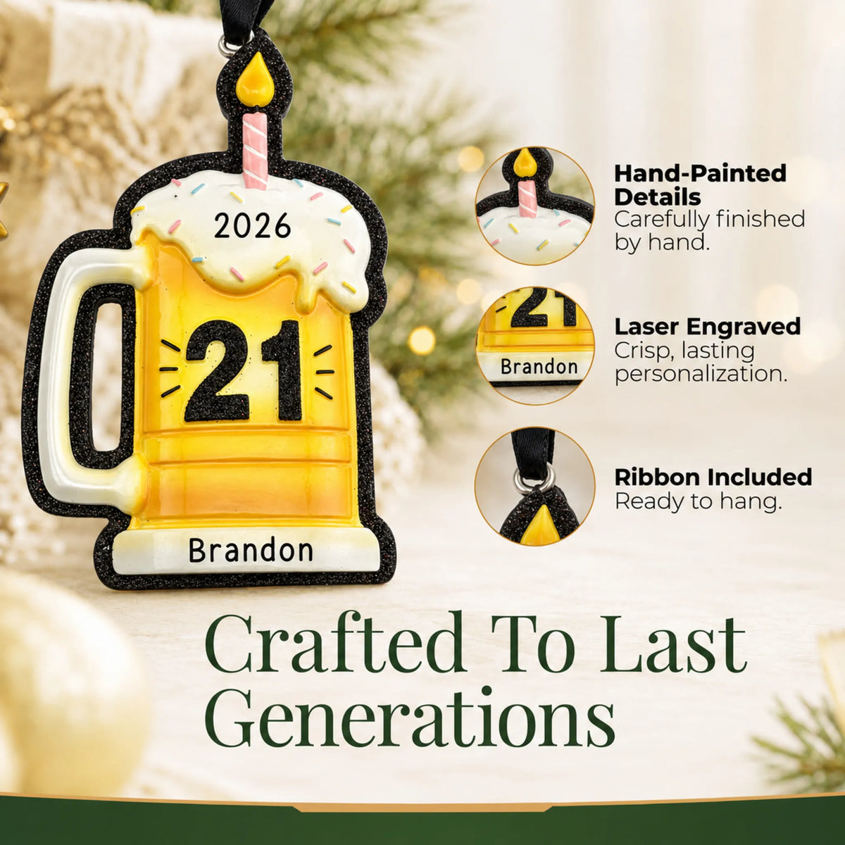 Hand-painted details and laser engraved personalization on the 21st Birthday Beer Mug christmas ornament, ribbon included