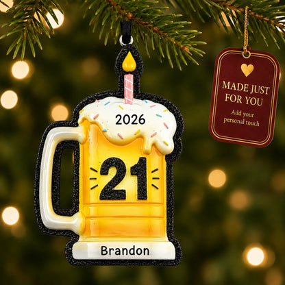 21st Birthday Beer Mug christmas ornament hanging on a lit Christmas tree with a Made Just For You gift tag