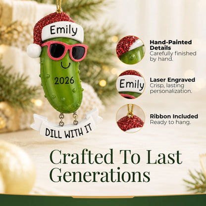 Hand-painted details and laser engraved personalization on the Pickle christmas ornament, ribbon included
