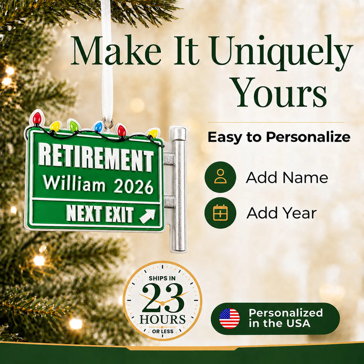 Make it yours: add name and year to the personalized retirement christmas ornament