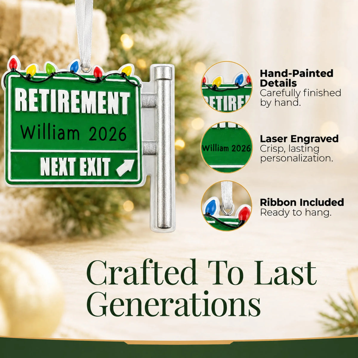 Hand-painted details and laser engraved personalization on the retirement christmas ornament, ribbon included