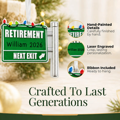 Hand-painted details and laser engraved personalization on the retirement christmas ornament, ribbon included