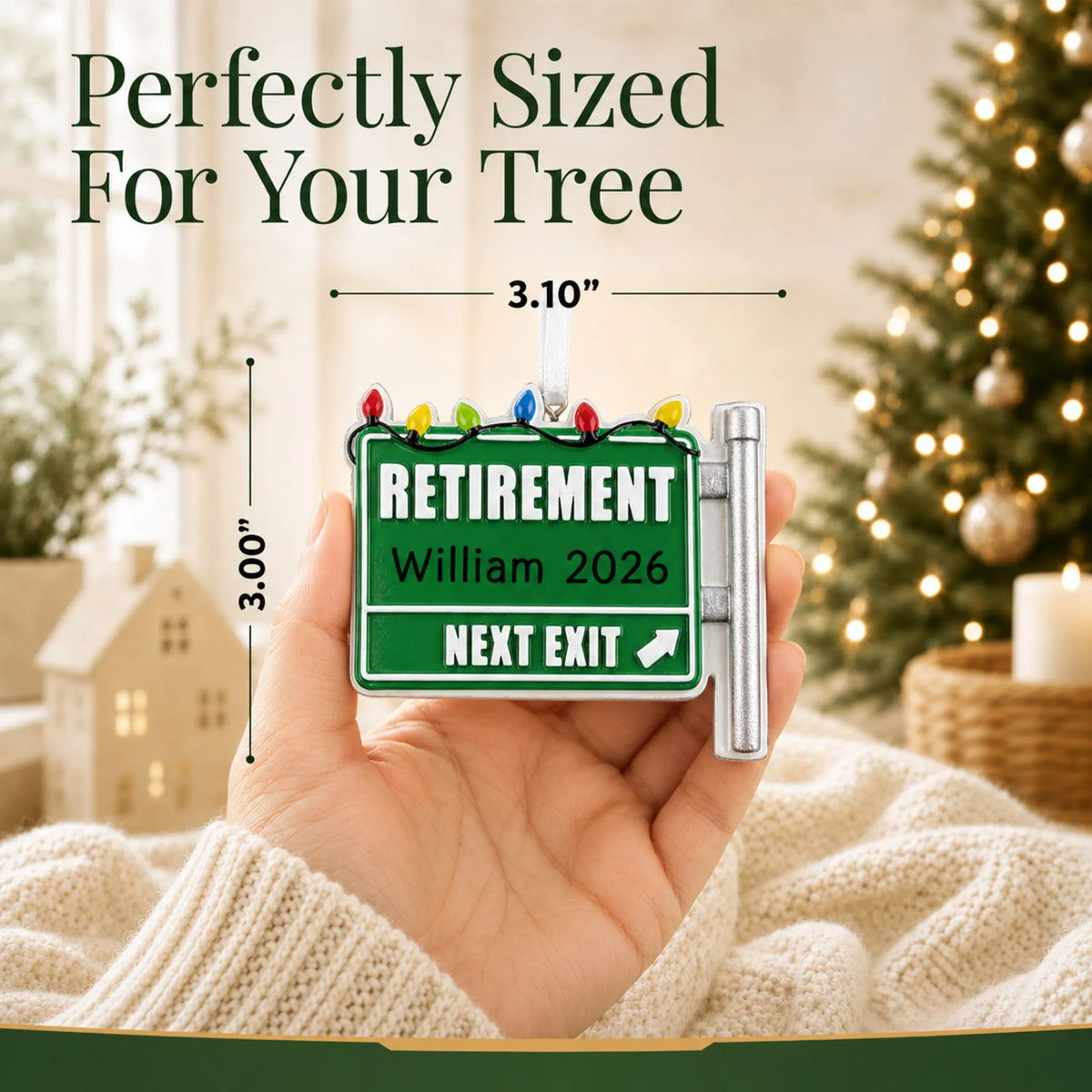 Size guide: the personalized retirement christmas ornament is 3.10 in wide by 3.00 in tall, shown in hand
