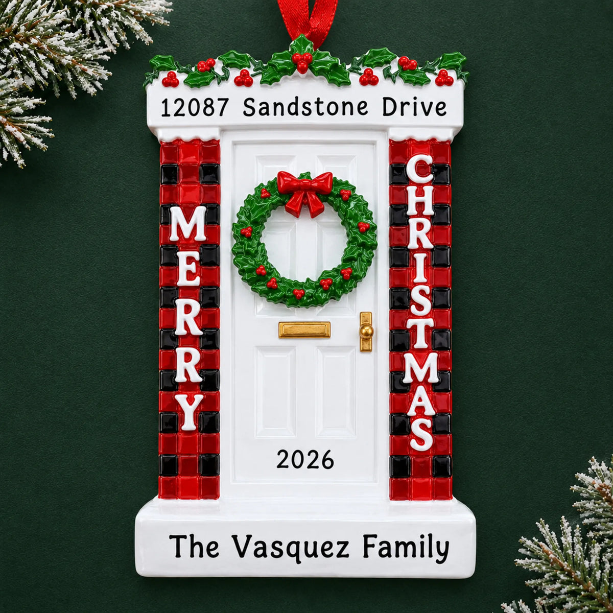 Personalized Merry Christmas Door ornament on a dark green pine background
