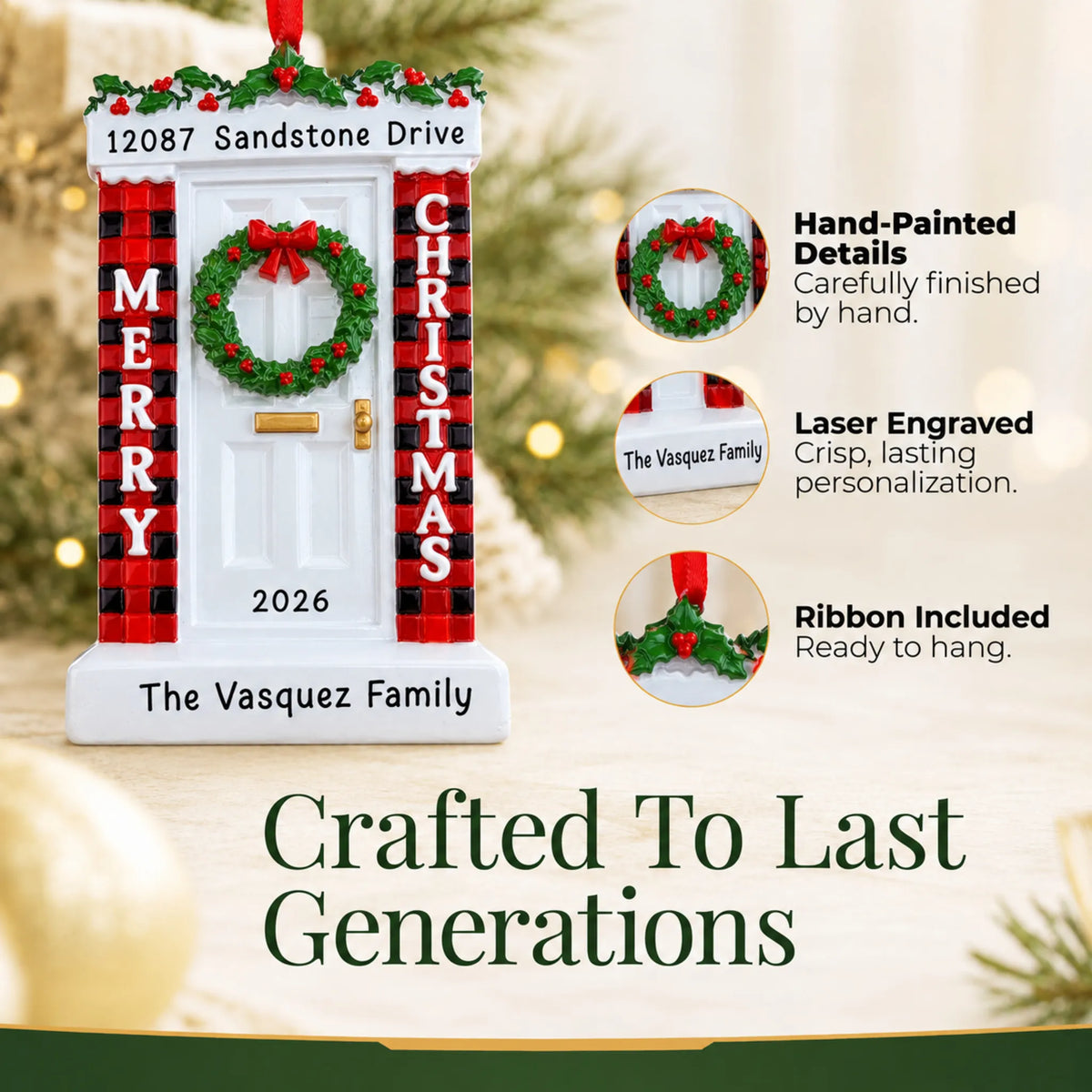 Hand-painted, laser engraved Merry Christmas Door ornament, ribbon included