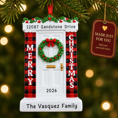 Merry Christmas Door ornament hanging on a lit Christmas tree with a Made Just For You gift tag
