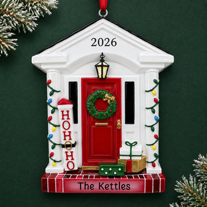 Personalized Holiday Front Door christmas ornament on a dark green pine background