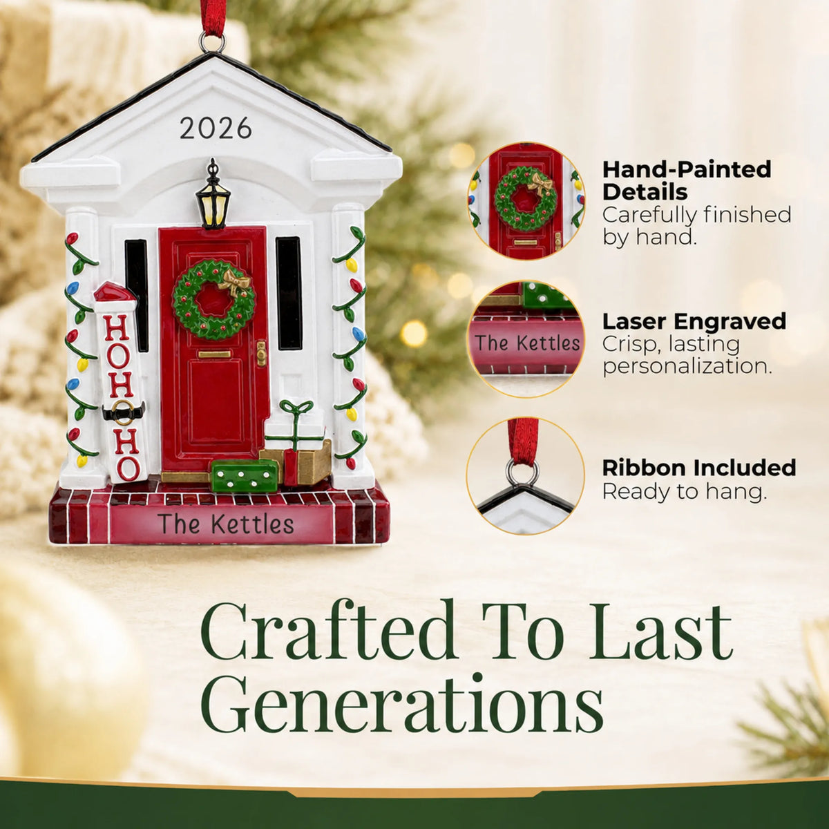 Hand-painted, laser engraved Holiday Front Door christmas ornament, ribbon included