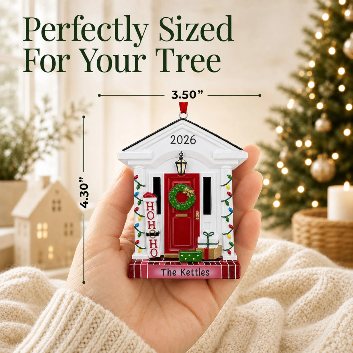 Size guide: the personalized Holiday Front Door christmas ornament is 3.50 in wide by 4.30 in tall, shown in hand