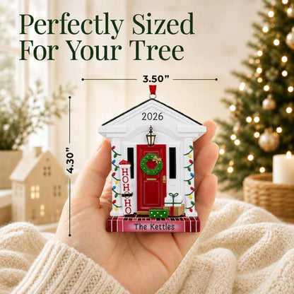 Size guide: the personalized Holiday Front Door christmas ornament is 3.50 in wide by 4.30 in tall, shown in hand