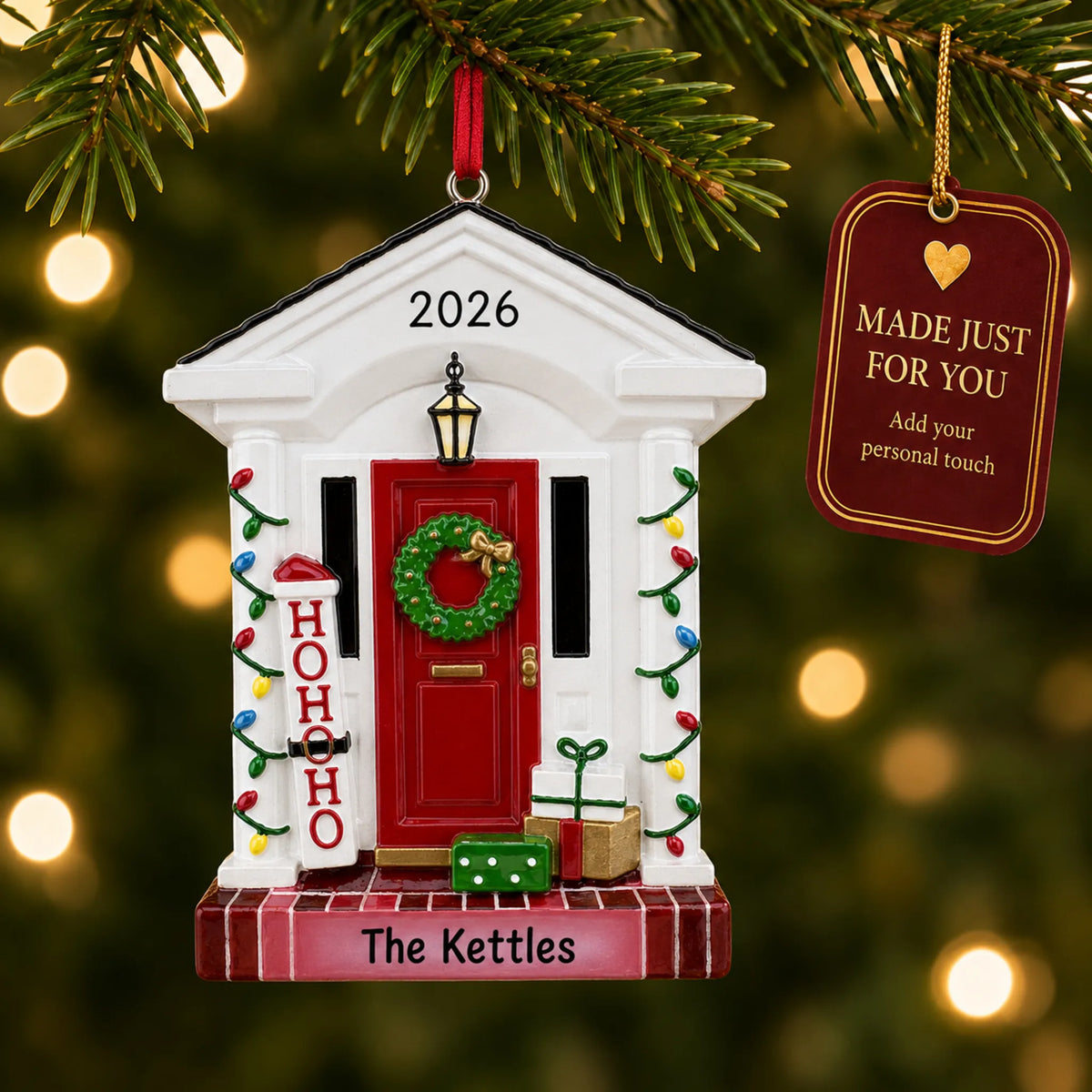 Holiday Front Door christmas ornament hanging on a lit Christmas tree with a Made Just For You gift tag