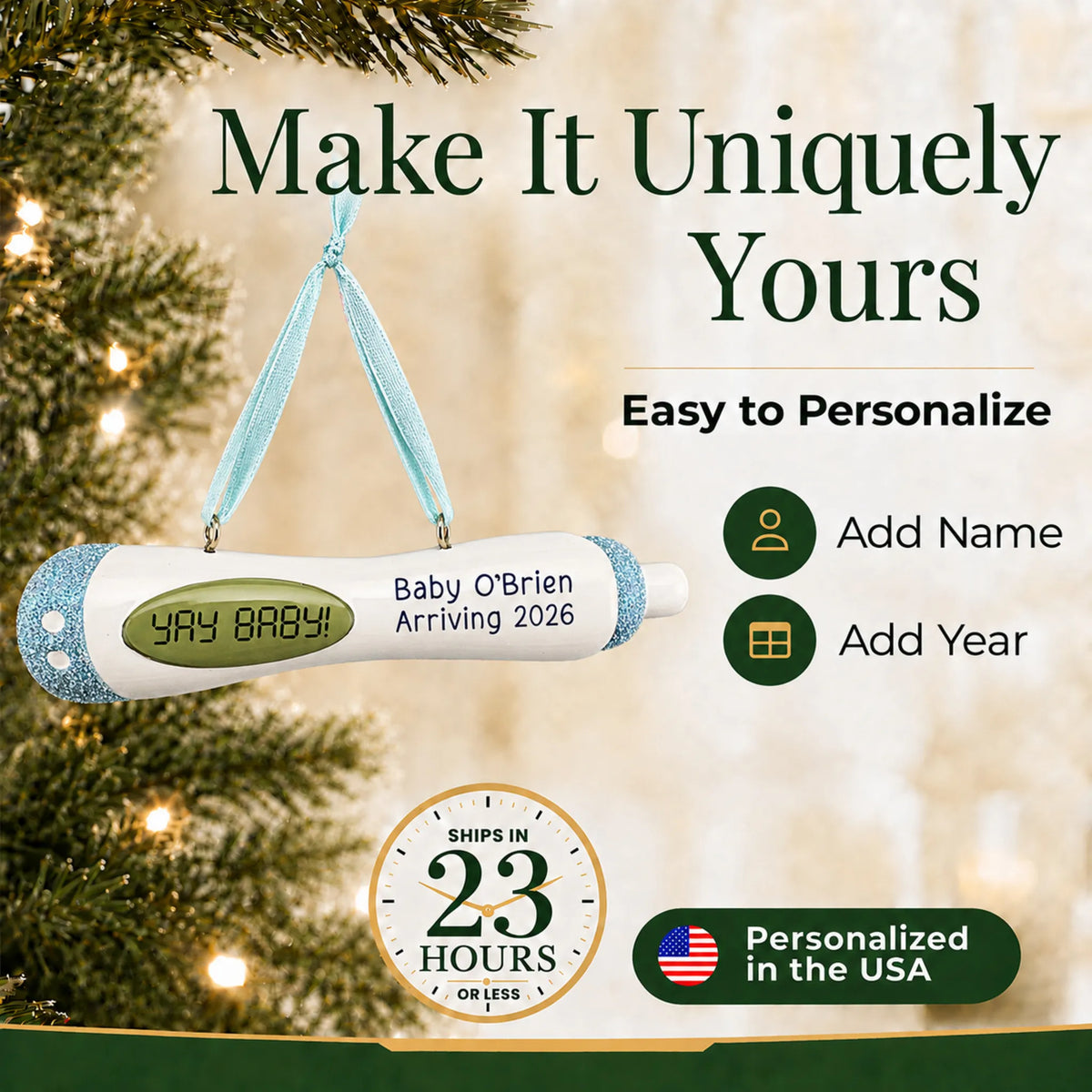 Make it yours: personalize the Pregnancy Test Baby Boy christmas ornament