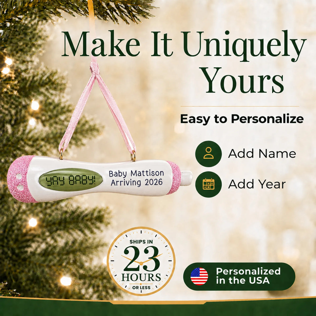 Make it yours: personalize the Pregnancy Test Baby Girl christmas ornament