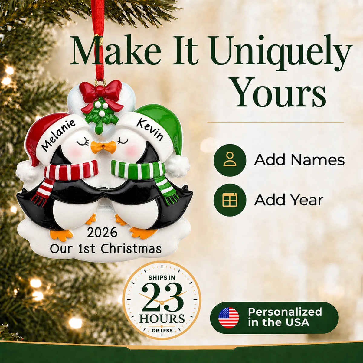 Make it yours: add names to the personalized penguin mistletoe kisses couple christmas ornament