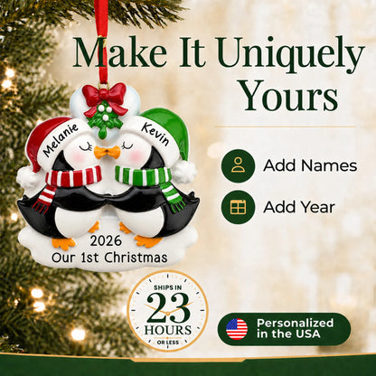 Make it yours: add names to the personalized penguin mistletoe kisses couple christmas ornament