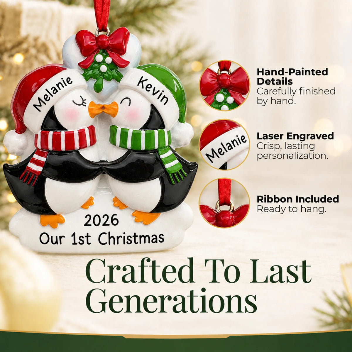 Hand-painted, laser engraved penguin mistletoe kisses couple christmas ornament, ribbon included