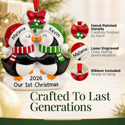Hand-painted, laser engraved penguin mistletoe kisses couple christmas ornament, ribbon included