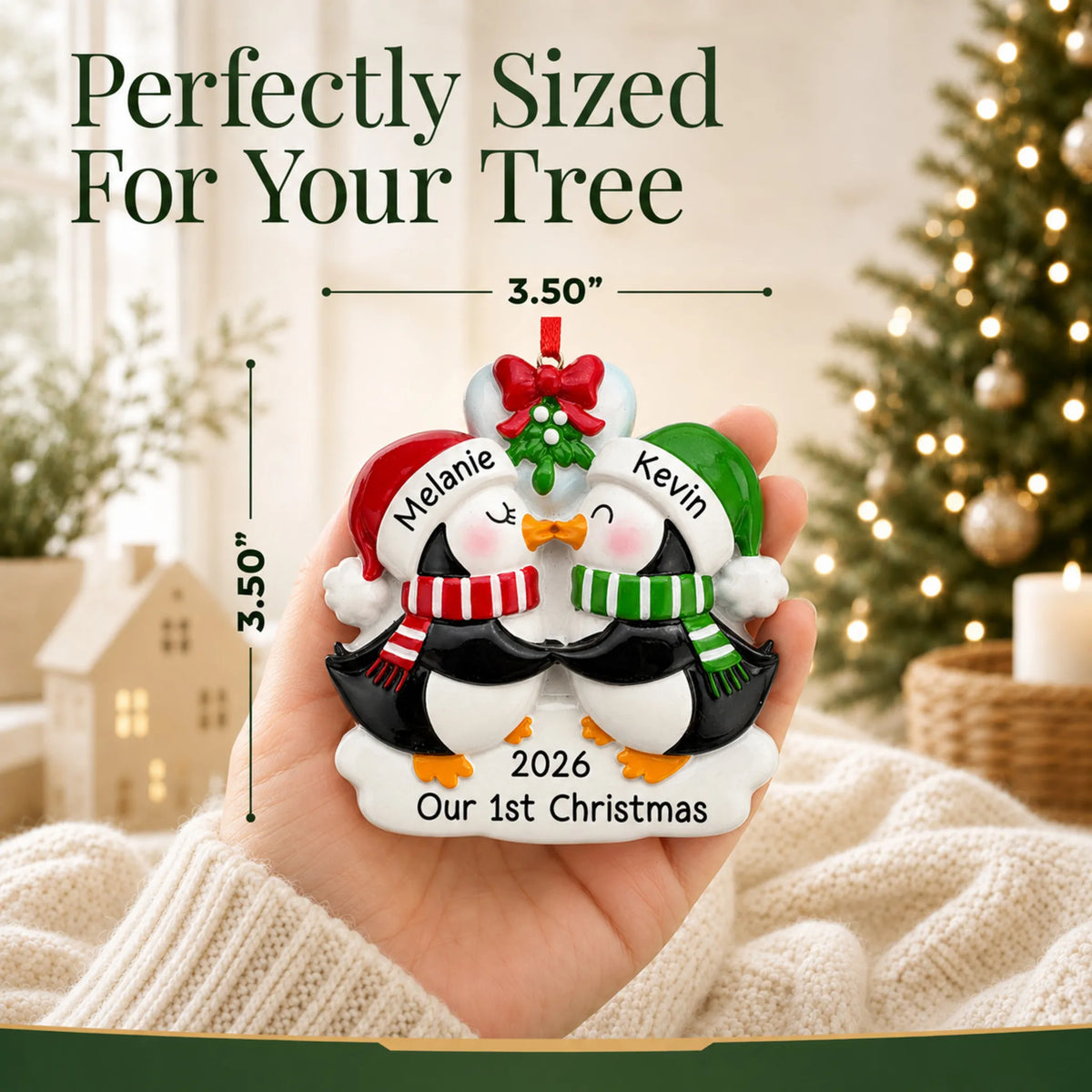 Size guide: the personalized penguin mistletoe kisses couple christmas ornament shown in hand next to a Christmas tree