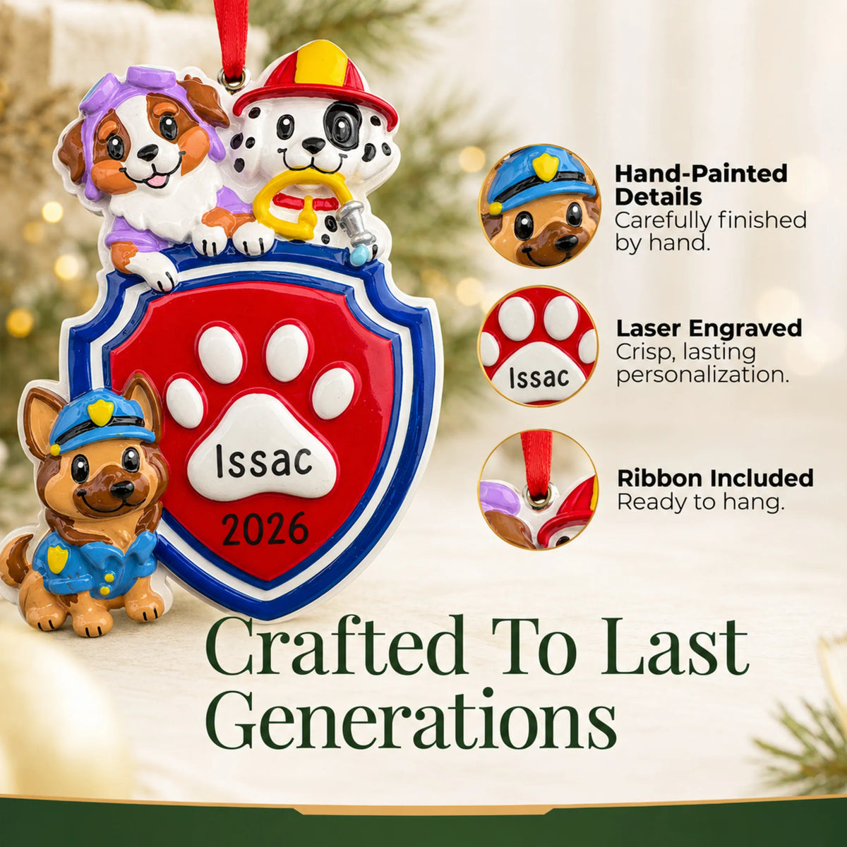 Hand-painted details and laser engraved personalization on the puppy rescue squad christmas ornament, ribbon included
