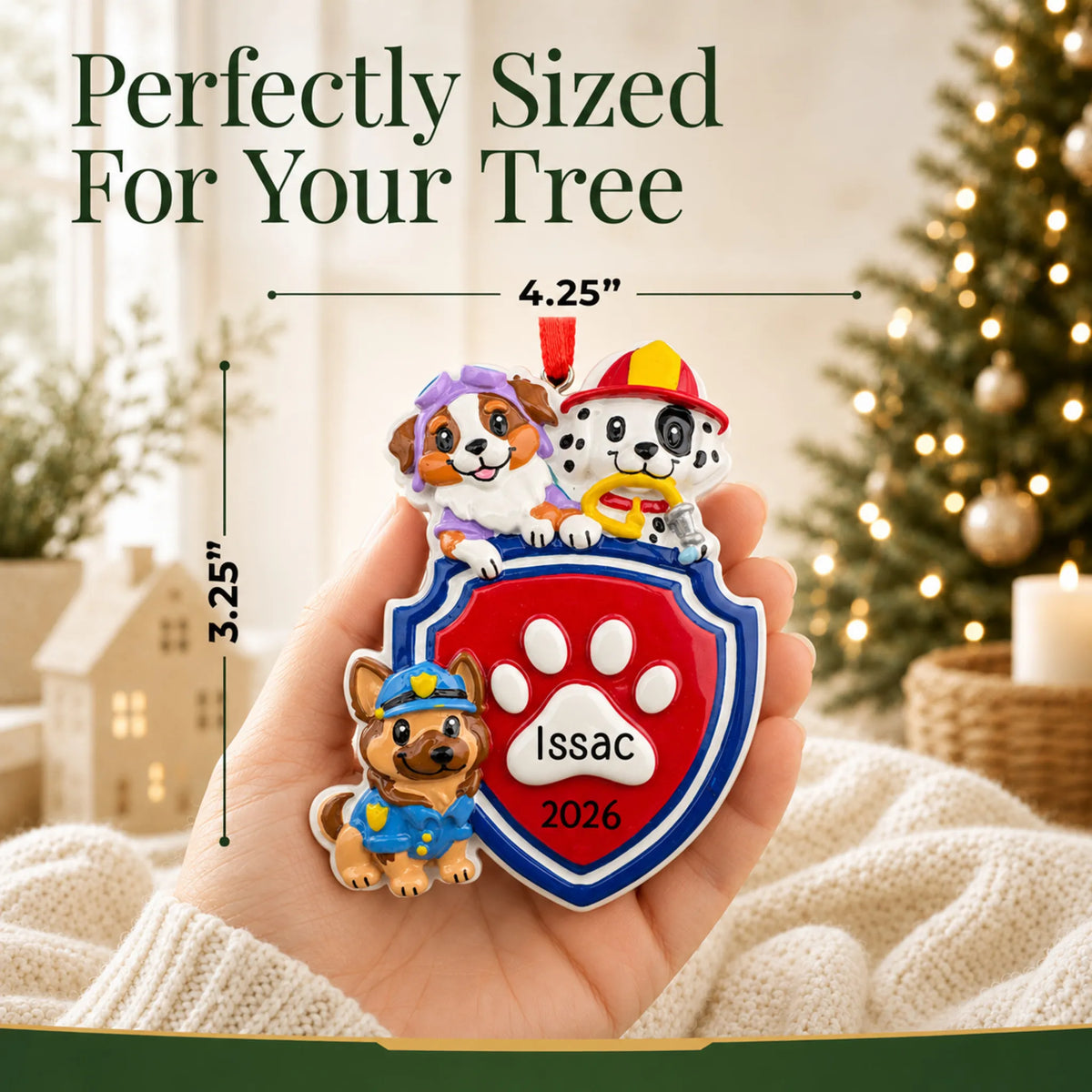 Size guide: the personalized puppy rescue squad christmas ornament is 4.25 in wide by 3.25 in tall, shown in hand