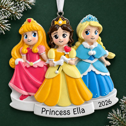 Personalized princesses in dresses christmas ornament on a dark green pine background