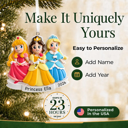 Make it yours: add name and year to the personalized princesses in dresses christmas ornament