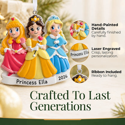 Hand-painted details and laser engraved personalization on the princesses in dresses christmas ornament, ribbon included
