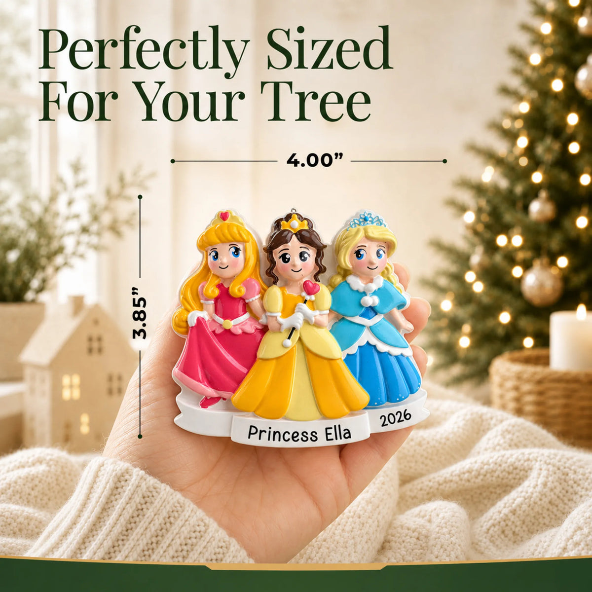 Size guide: the personalized princesses in dresses christmas ornament is 4.00 in wide by 3.85 in tall, shown in hand