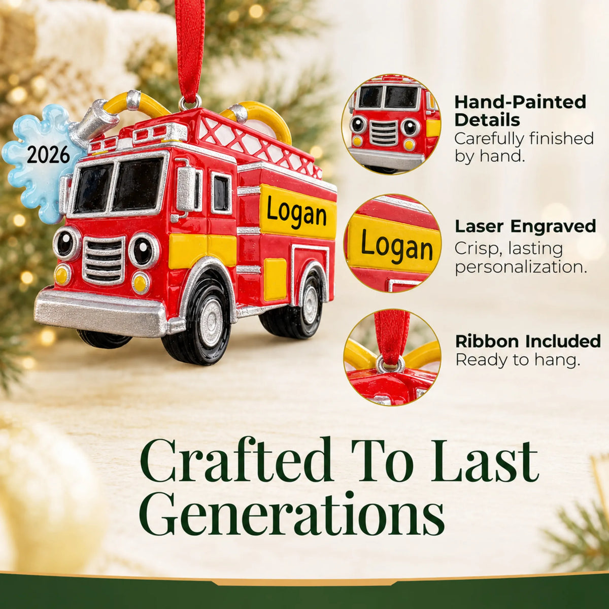 Hand-painted details and laser engraved personalization on the firetruck with hose christmas ornament, ribbon included