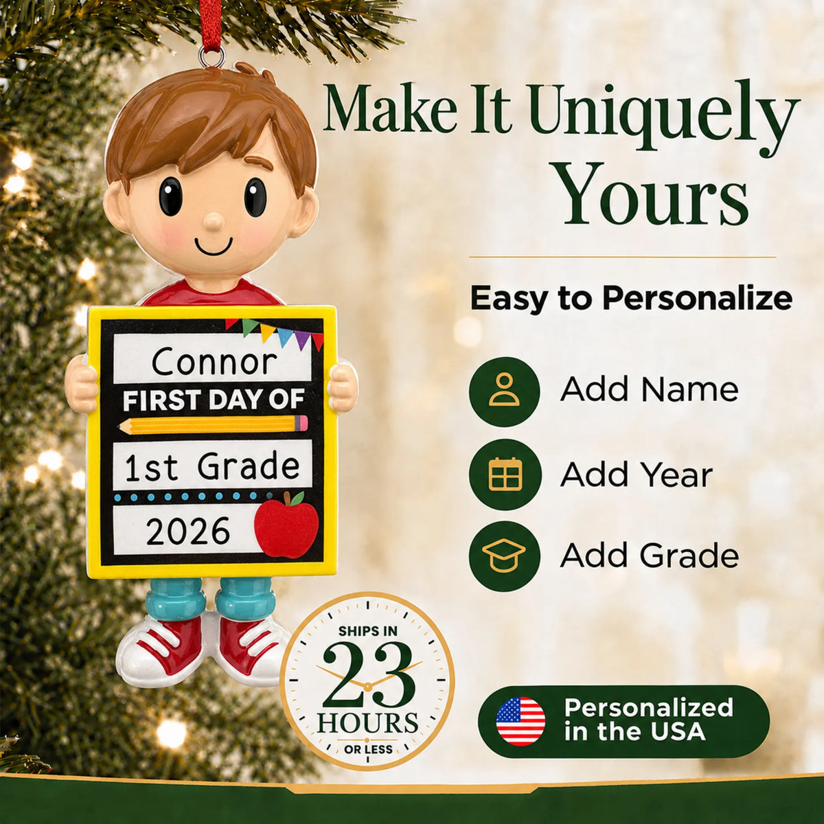 Personalize the first day of school boy Christmas ornament with your details, ships in 23 hours, personalized in the USA