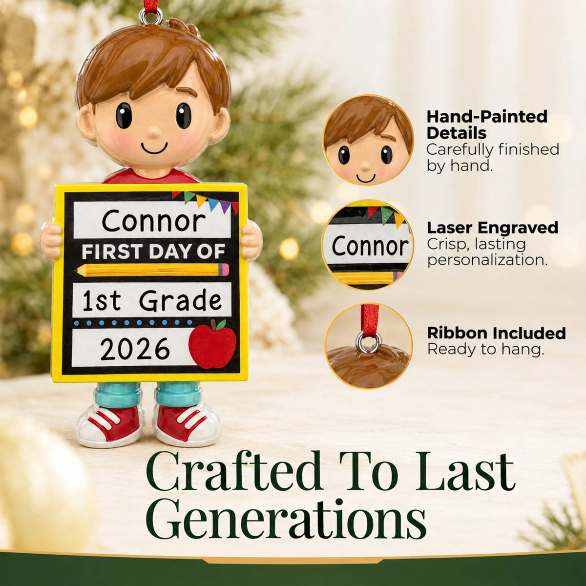 Close-up of the first day of school boy Christmas ornament: hand-painted finish, laser engraving, ribbon included