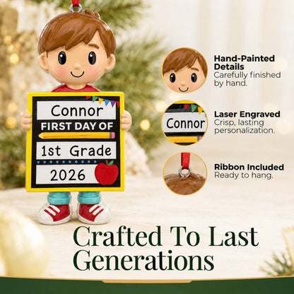 Close-up of the first day of school boy Christmas ornament: hand-painted finish, laser engraving, ribbon included