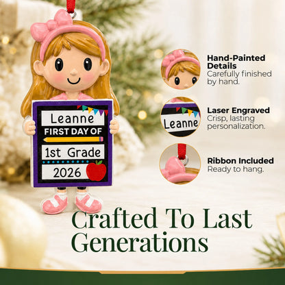 Close-up of the first day of school girl Christmas ornament: hand-painted finish, laser engraving, ribbon included