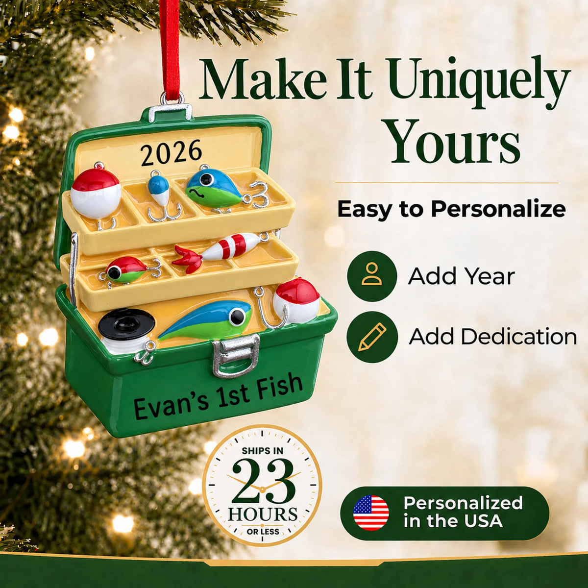 Make it yours: personalize the green fishing tackle box christmas ornament