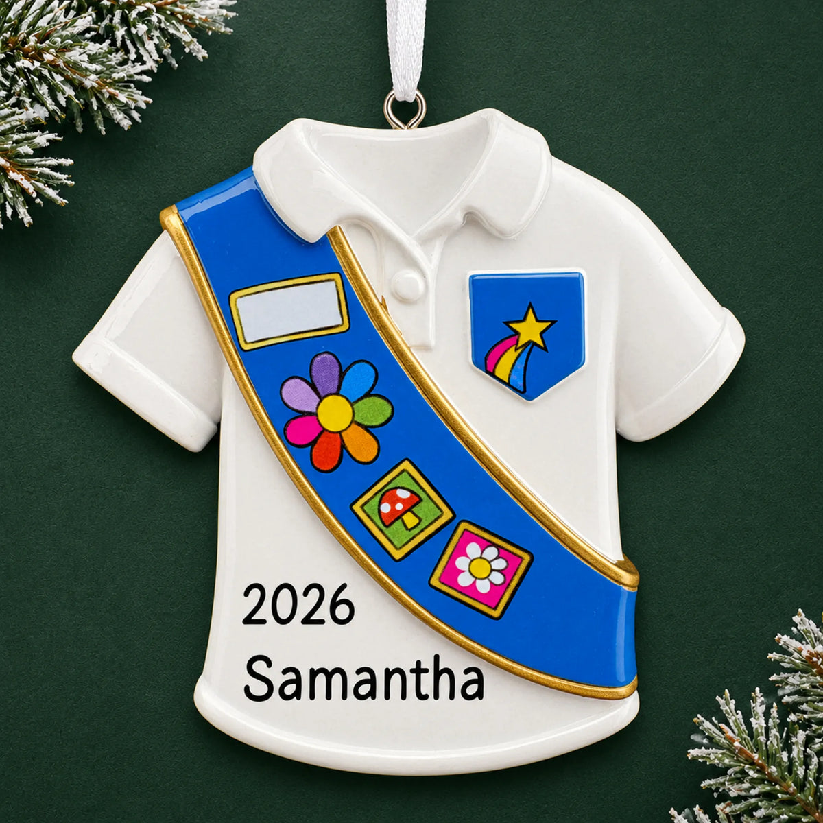 Personalized Girl Scout blue sash christmas ornament on a dark green pine background