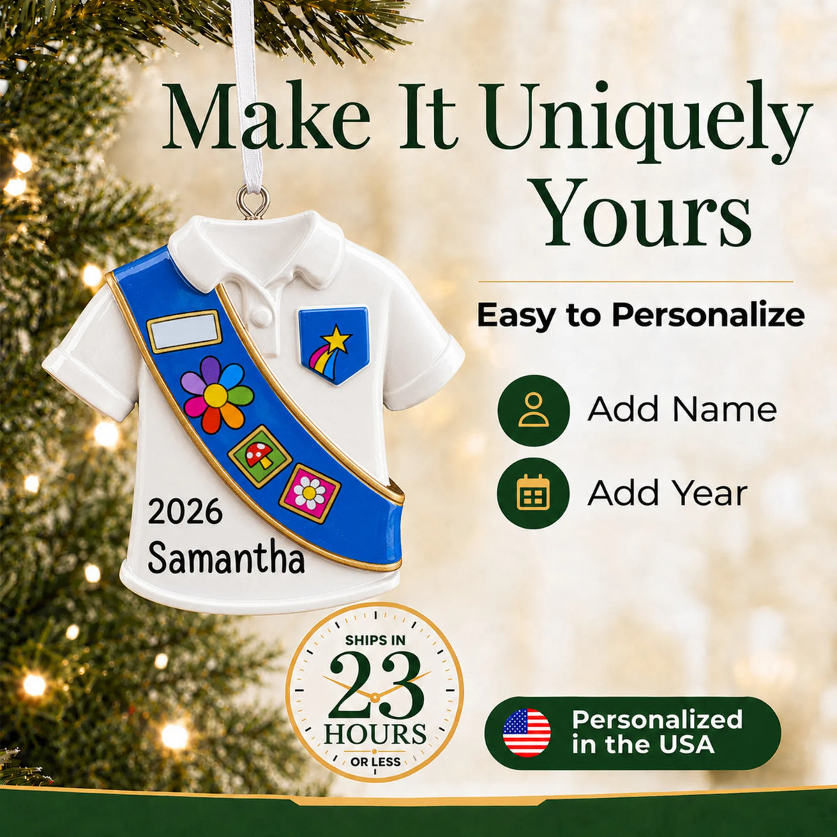 Make it yours: personalize the Girl Scout blue sash christmas ornament