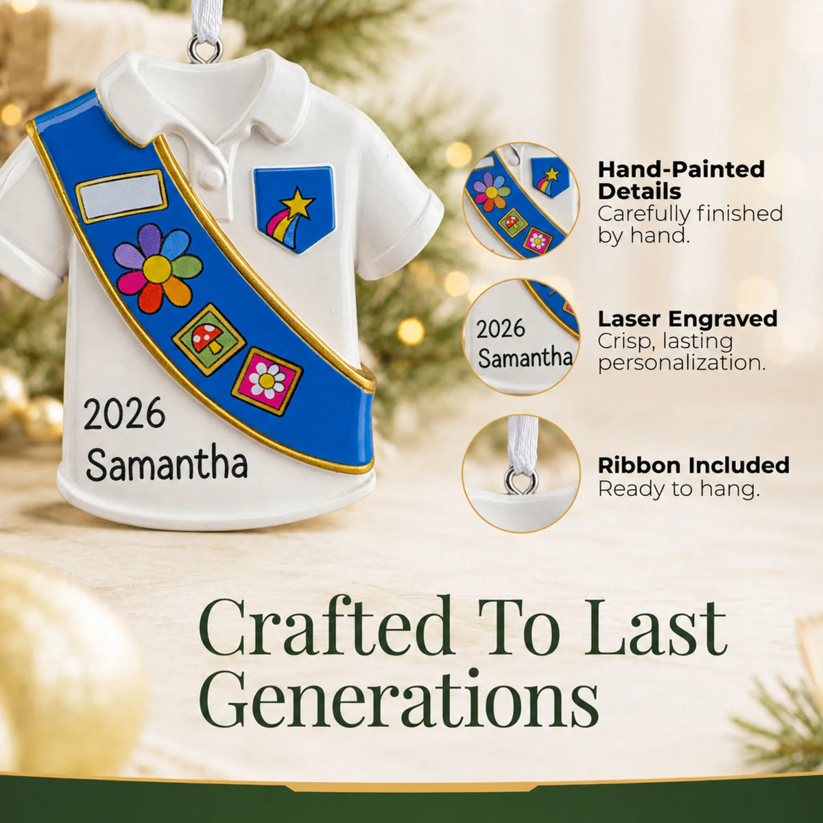 Hand-painted details and laser engraved personalization on the Girl Scout blue sash christmas ornament, ribbon included