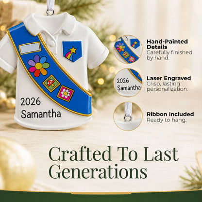 Hand-painted details and laser engraved personalization on the Girl Scout blue sash christmas ornament, ribbon included