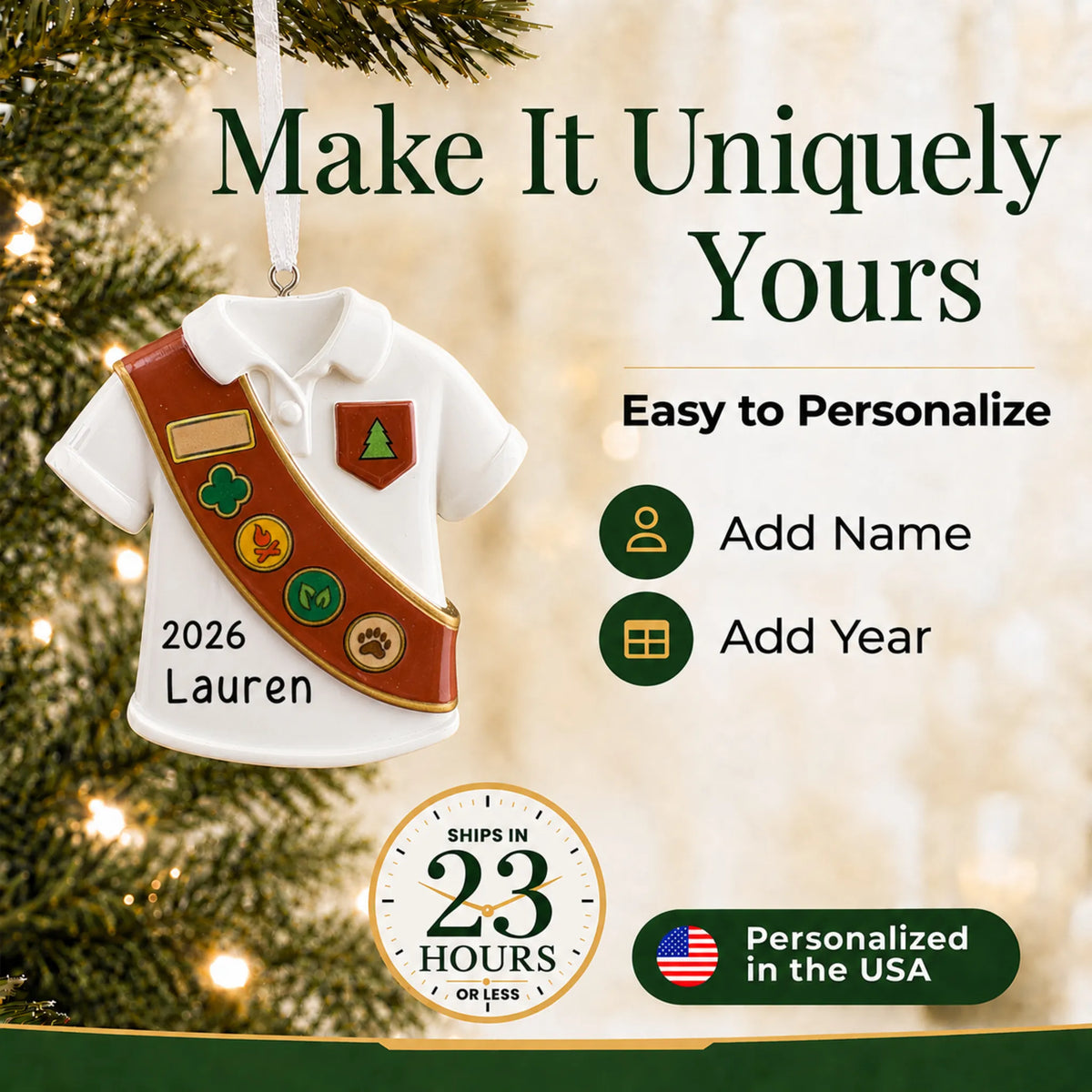 Make it yours: personalize the Girl Scout brown sash christmas ornament