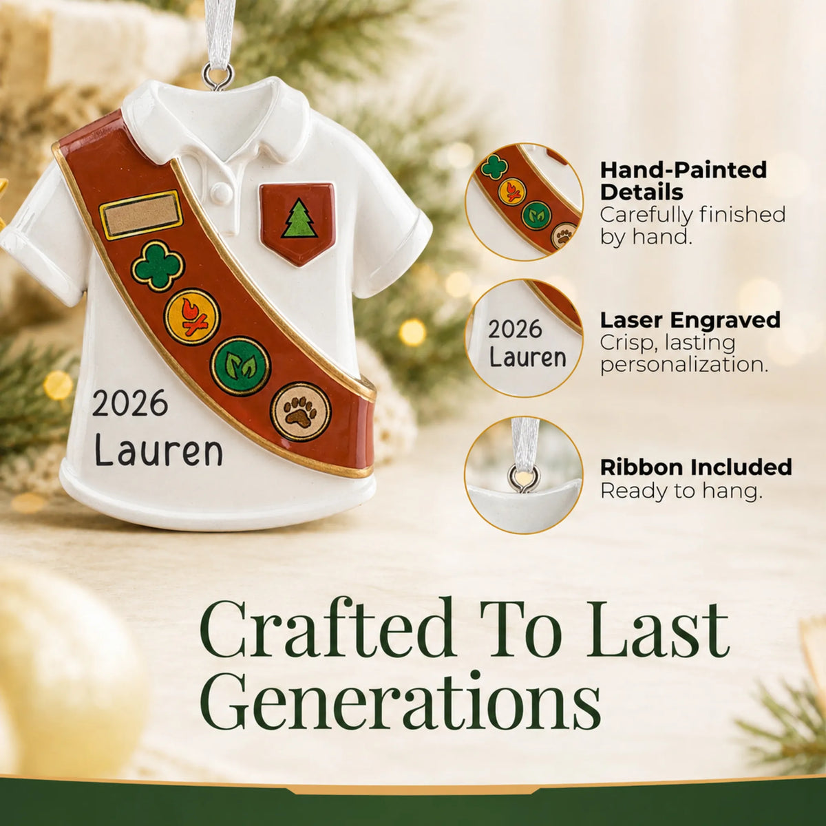 Hand-painted details and laser engraved personalization on the Girl Scout brown sash christmas ornament, ribbon included