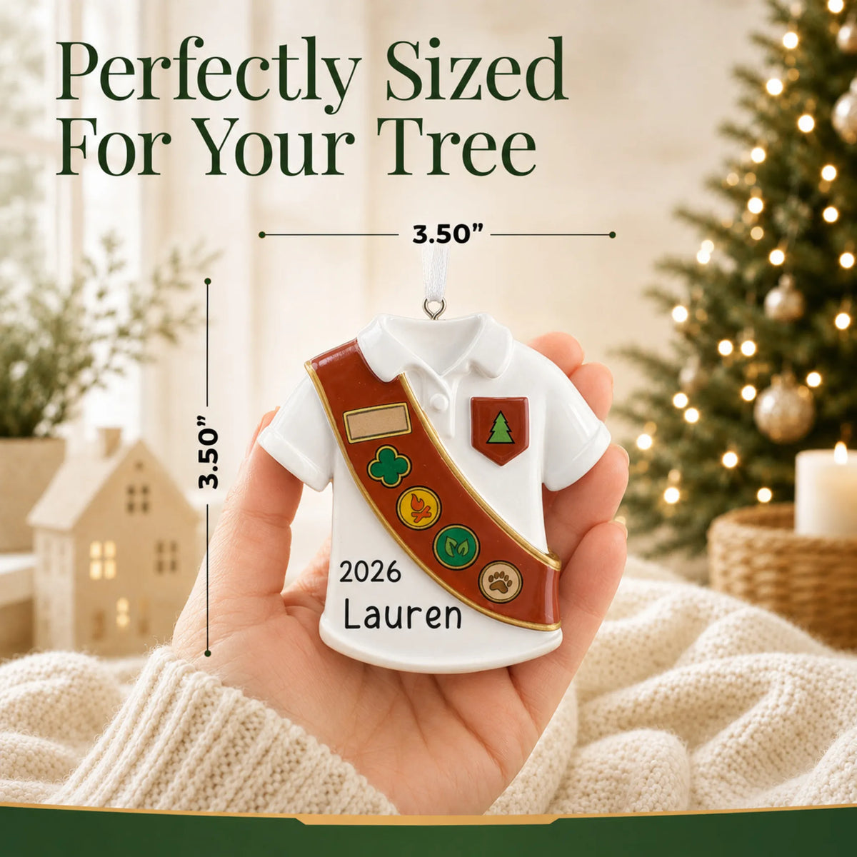 Size guide: the personalized Girl Scout brown sash christmas ornament is 3.50 in wide by 3.50 in tall, shown in hand