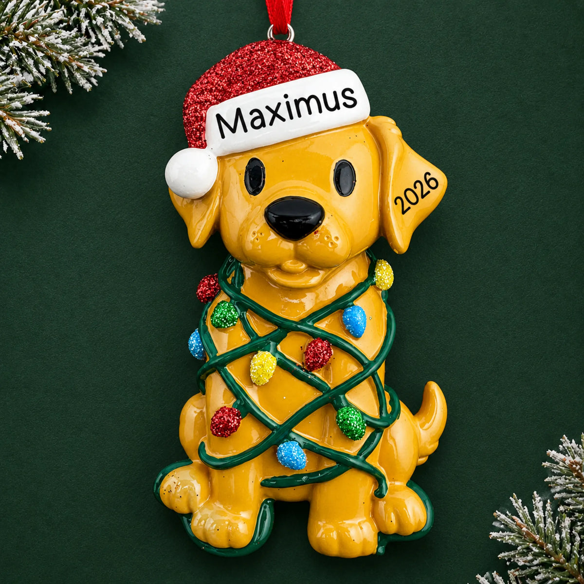 Personalized Dog In Christmas Lights ornament on a dark green pine background