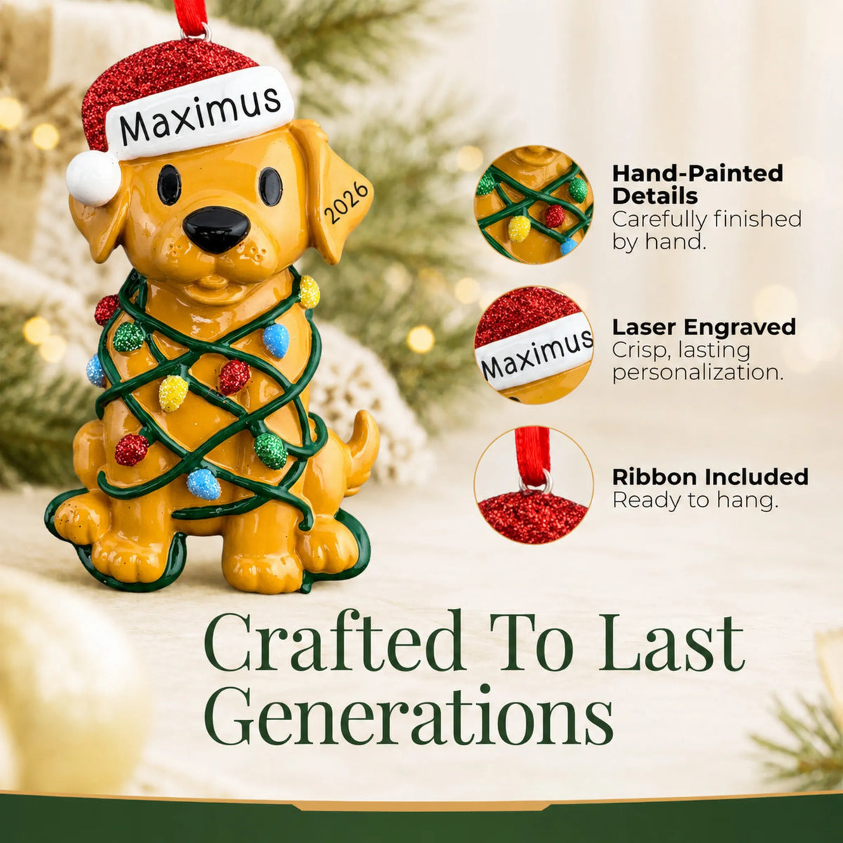 Hand-painted, laser engraved Dog In Christmas Lights ornament, ribbon included