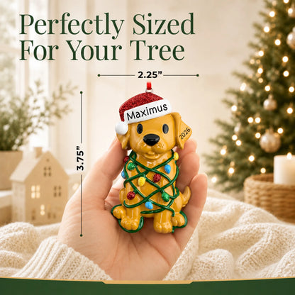 Size guide: the personalized Dog In Christmas Lights ornament is 2.25 in wide by 3.75 in tall, shown in hand