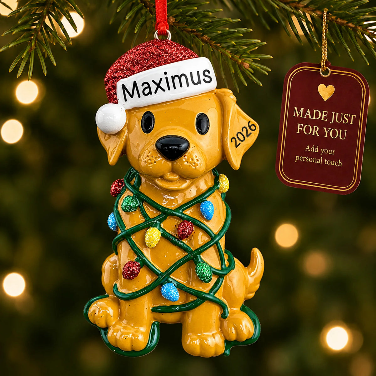 Dog In Christmas Lights ornament hanging on a lit Christmas tree with a Made Just For You gift tag