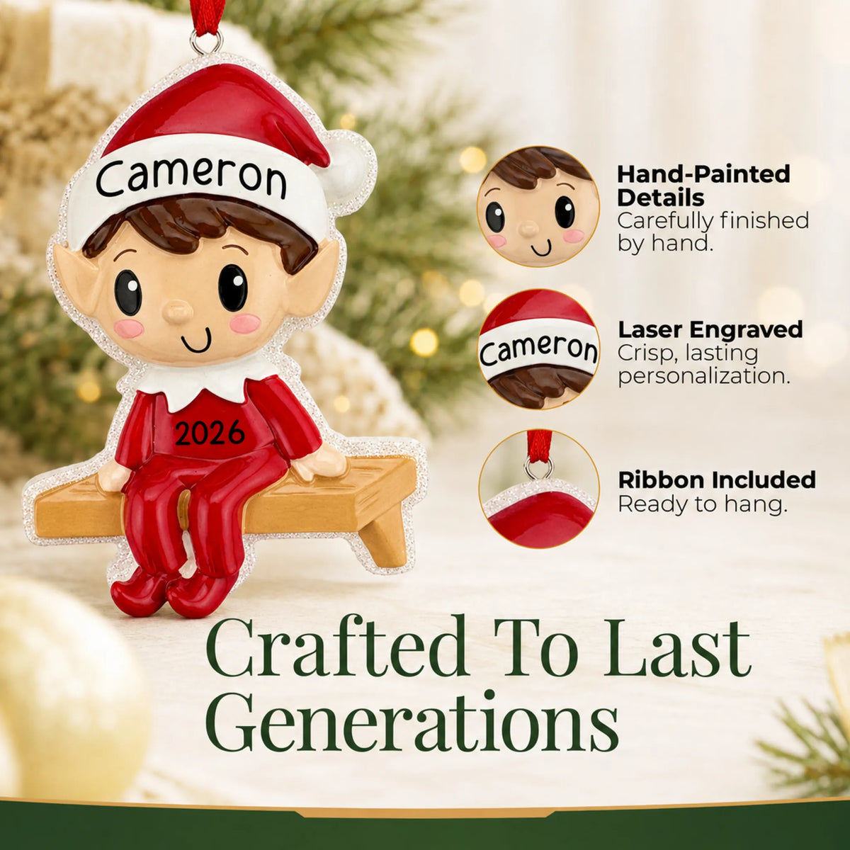 Hand-painted, laser engraved Christmas Elf ornament, ribbon included