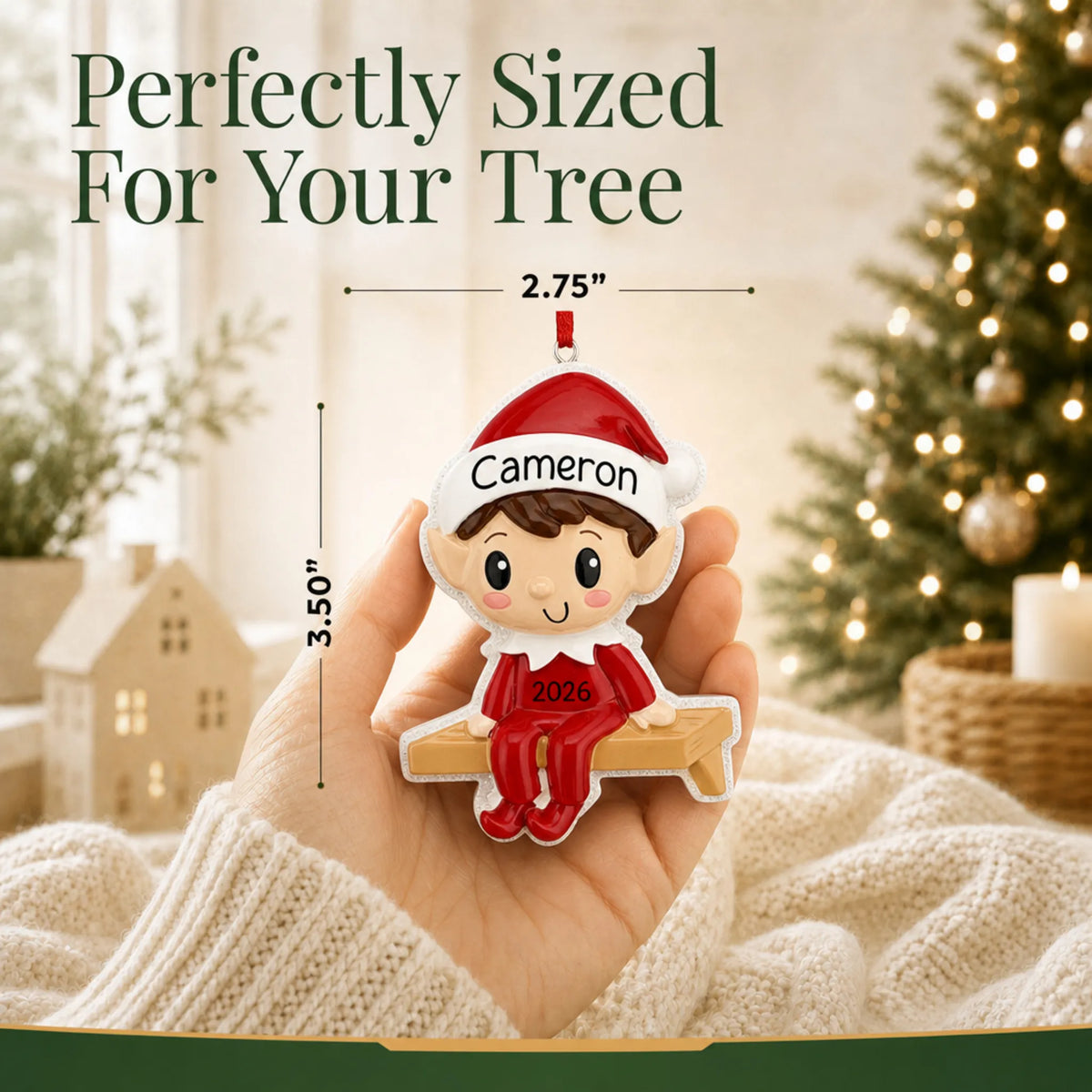 Size guide: the personalized Christmas Elf ornament is 2.75 in wide by 3.50 in tall, shown in hand