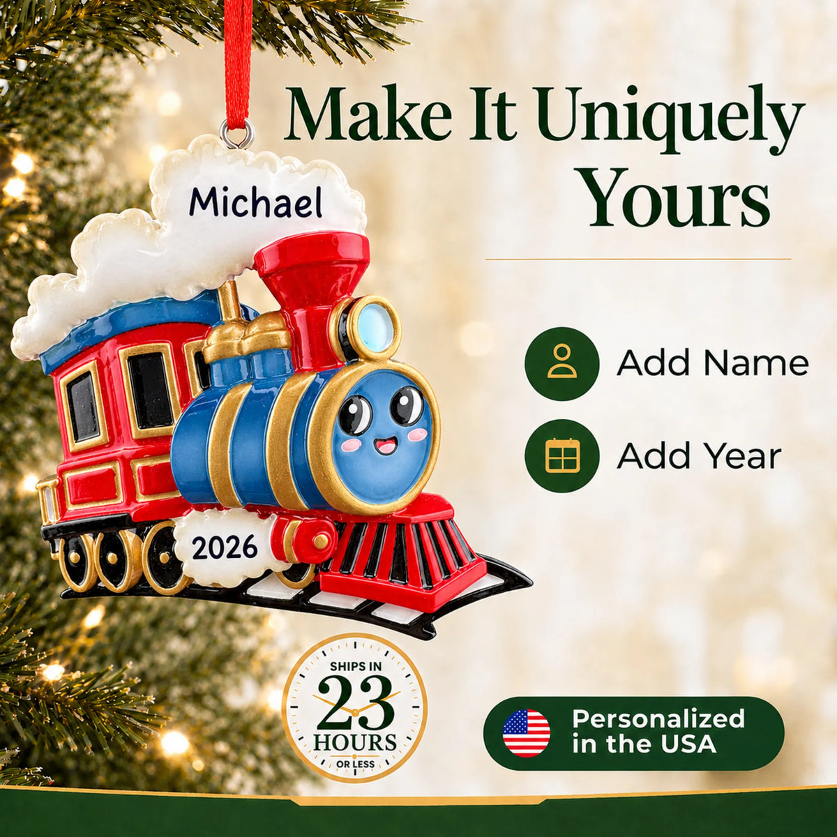 Make it yours: add name and year to the personalized kids train christmas ornament