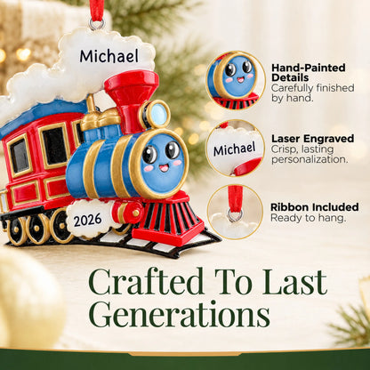 Hand-painted details and laser engraved personalization on the kids train christmas ornament, ribbon included
