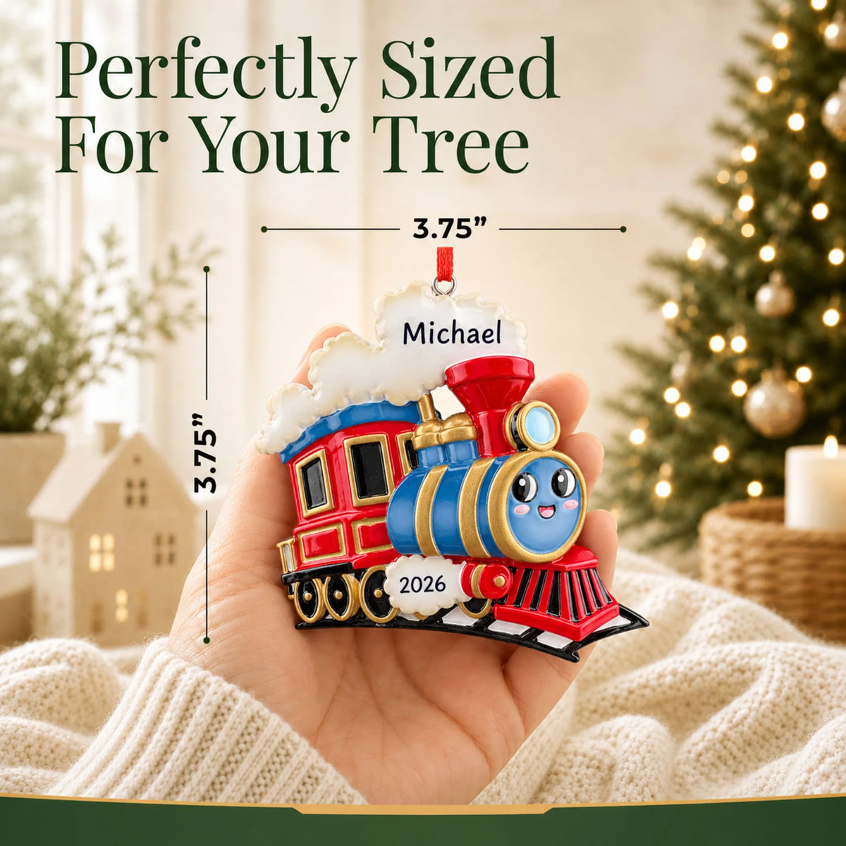 Size guide: the personalized kids train christmas ornament is 3.75 in wide by 3.75 in tall, shown in hand